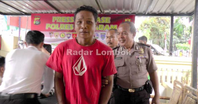 BRIMOB GADUNGAN : inilah pelaku pemerkosaan yang mengaku sebagai anggota Brimob saat diamankan di Polres Mataram, kemarin.