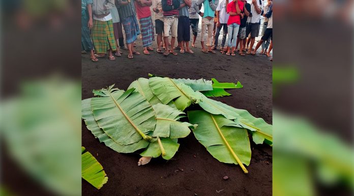 TERDAMPAR : Korban Sirnadi seorang nelayan asal kecamatan Bayan ditemukan terdampar dalam kondisi sudah tidak bernyaawa oleh warga di Pantai Elong-Elong Kokok Putek Bilok kecamatan Sembalun, Lombok Timur Provinsi NTB, Jumat sore kemarin.